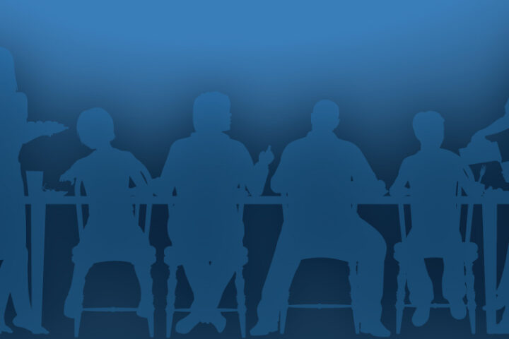 Silhouettes of a family and a small dog seated on chairs against a blue gradient background