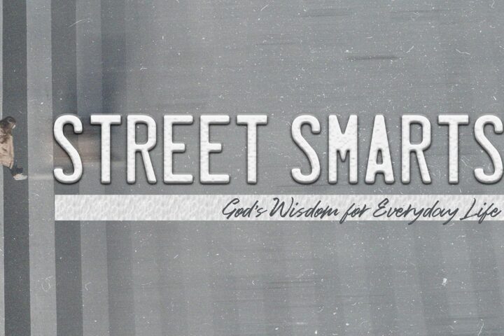 Banner with the title STREET SMARTS and subtitle God's Wisdom for Everyday Life; a person walks along gray vertical stripes on the left edge.